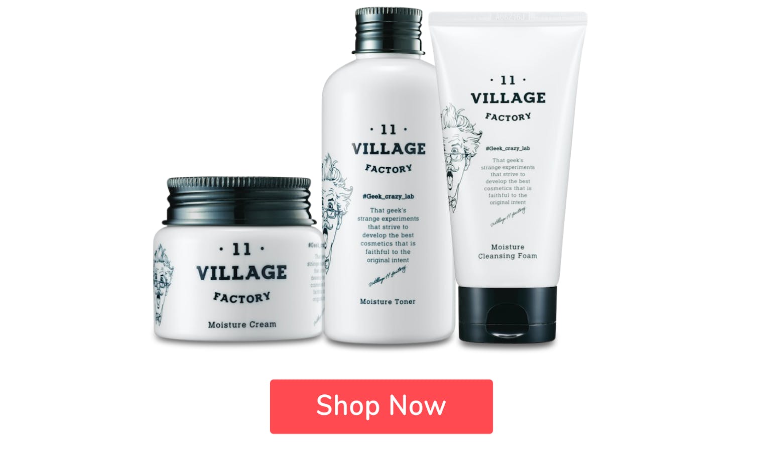 11 Village Factory korean skincare and a button saying 'shop now'