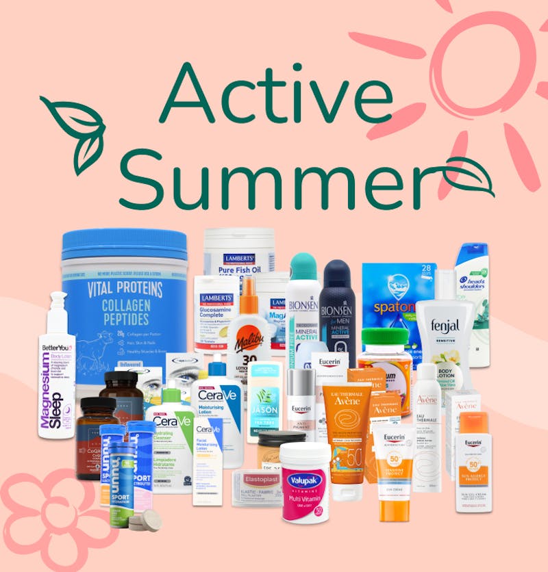 Text saying Active summer and a range of products for being active in the summer, like sunscreen or hydration tablets