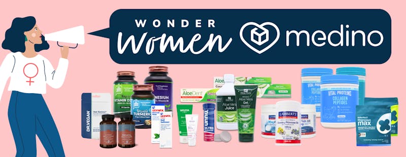 Text saying Wonder Women, medino, as shouted by a cartoon woman, and a selection of health and beauty products showcasing whats on offer