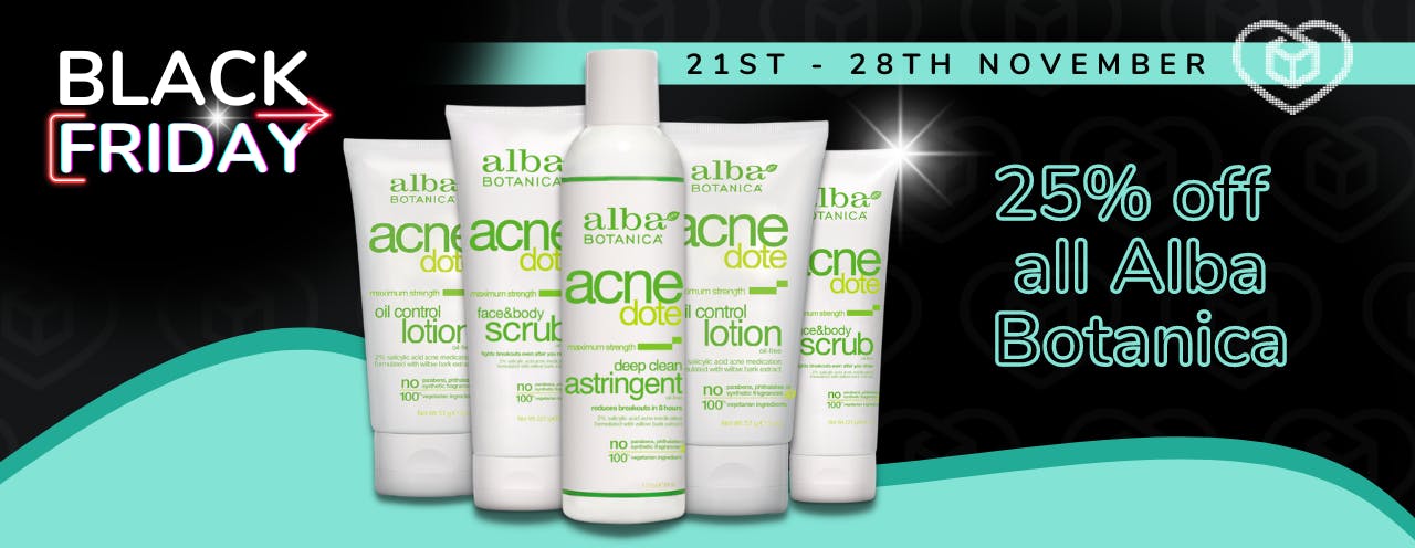 Alba Botanica acne skincare face lotions, face and body scrub, and face cleansers on a black background