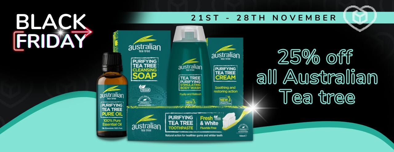 Australian Tea Tree products including purifying essential oil, soap, body wash and tea tree cream on a black background