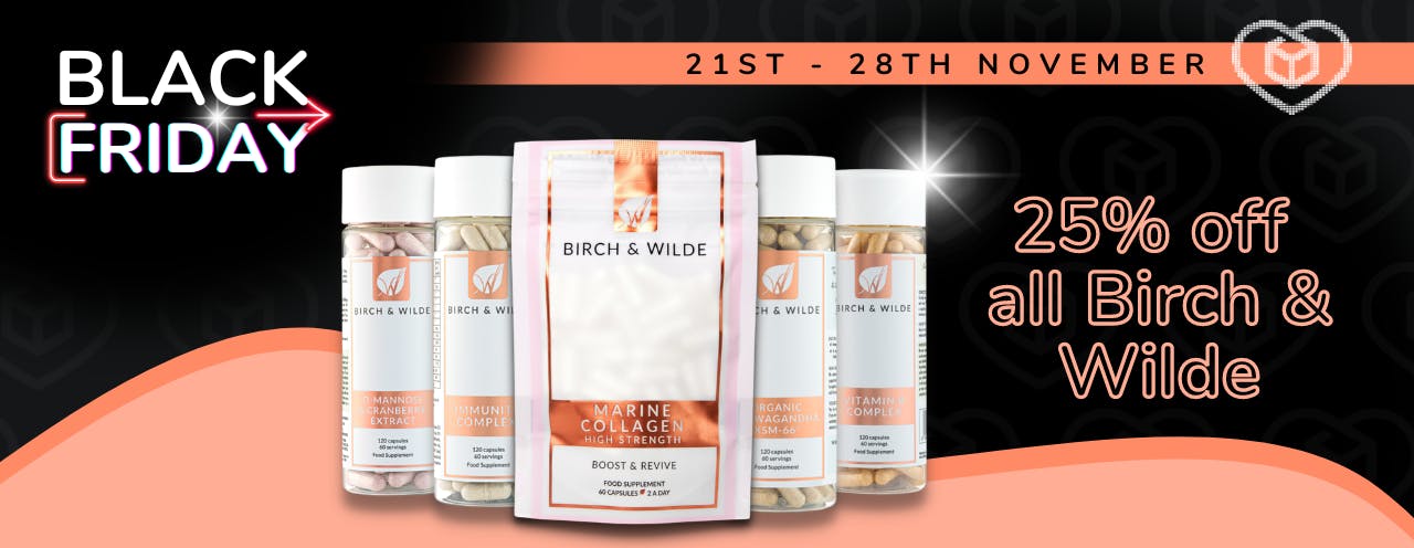 Birch & Wilde collagen, ashwaganda, vitamin B complex and immunity supplements on a black background