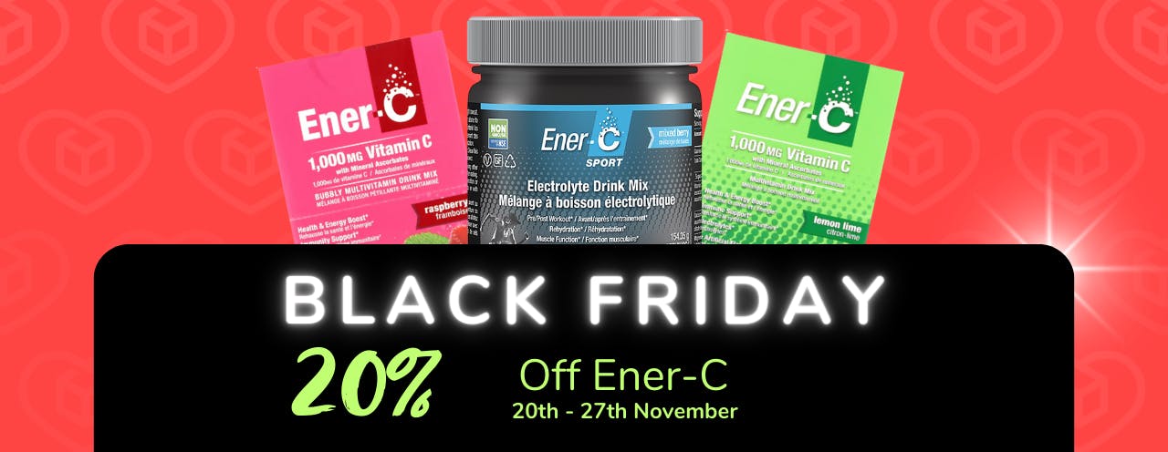 White text on black background saying: 'Black Friday Sale, up to 20% off Ener C at medino.com'
