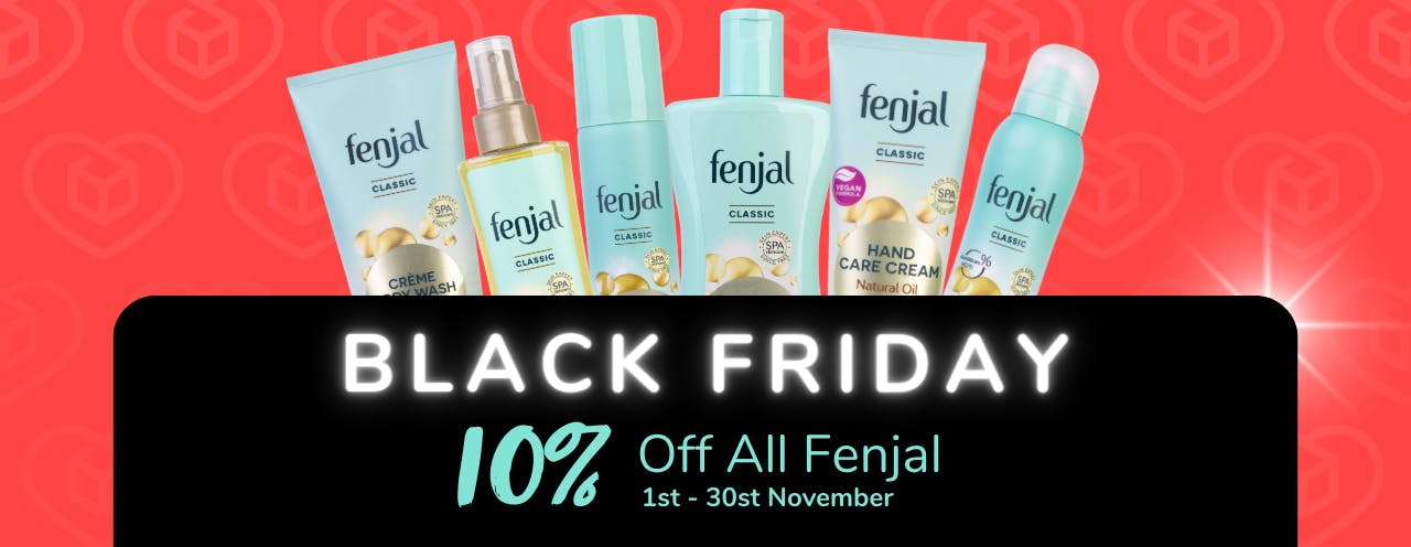 White text on black background saying: 'Black Friday Sale, up to 10% off Fenjal at medino.com'