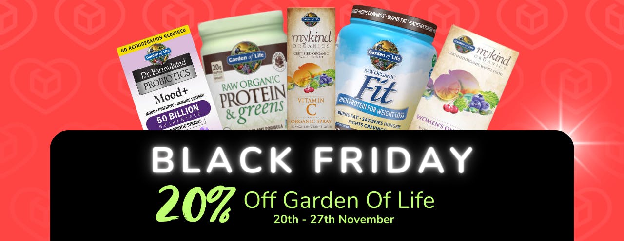 White text on black background saying: 'Black Friday Sale, up to 20% off Garden Of Life at medino.com'