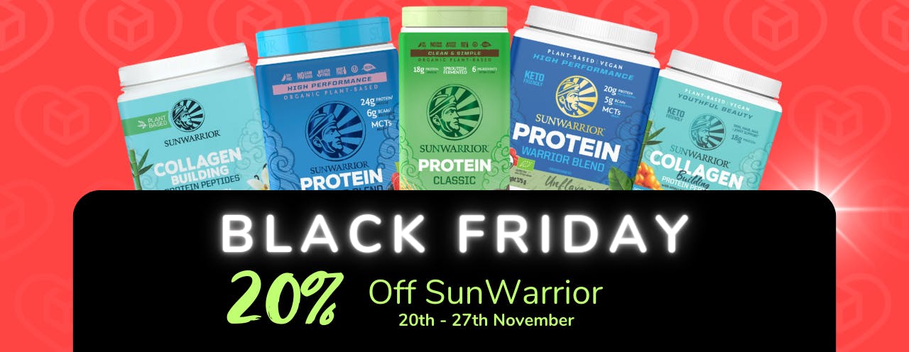 White text on black background saying: 'Black Friday Sale, up to 20% off SunWarrior at medino.com'