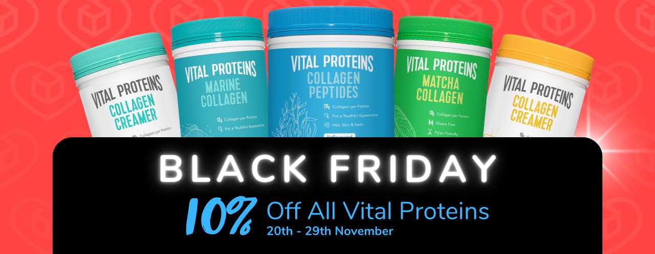 White text on black background saying: 'Black Friday Sale, up to 10% off The Vital Proteins at medino.com'