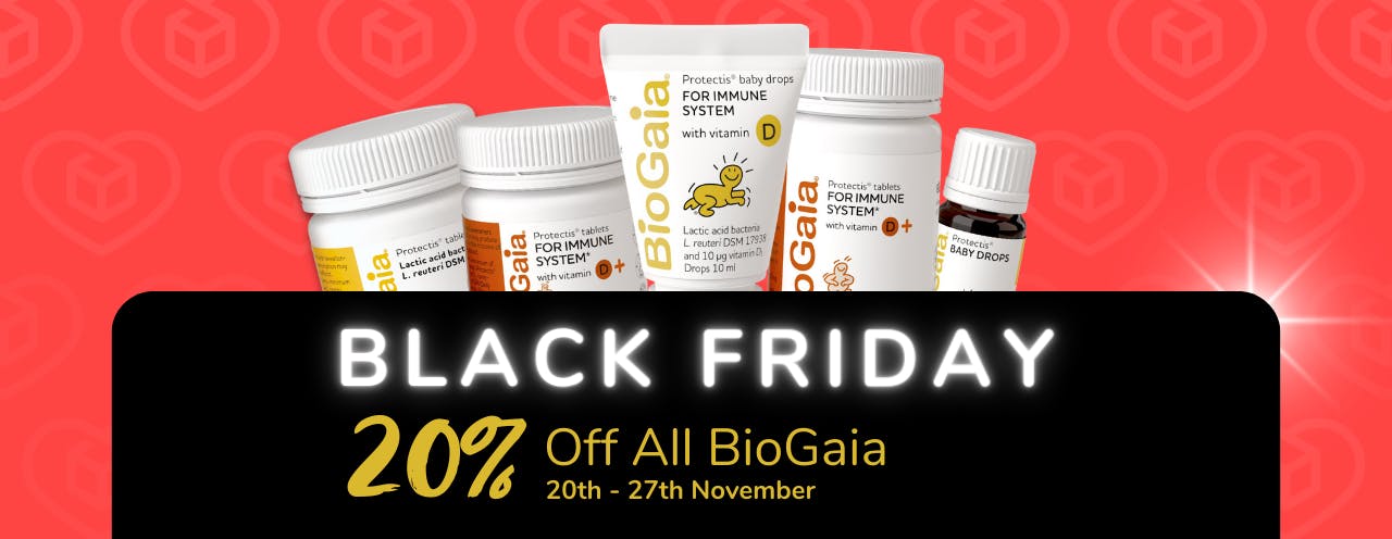 White text on black background saying: 'Black Friday Sale, up to 20% off BioGaia at medino.com'