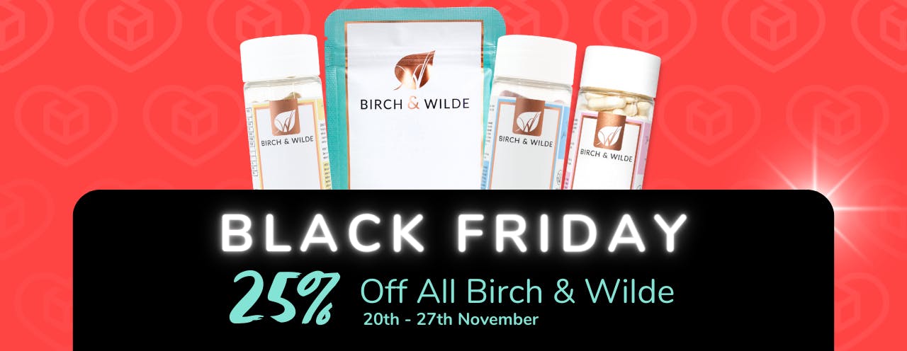 White text on black background saying: 'Black Friday Sale, up to 25% off Birth & Wilde at medino.com'