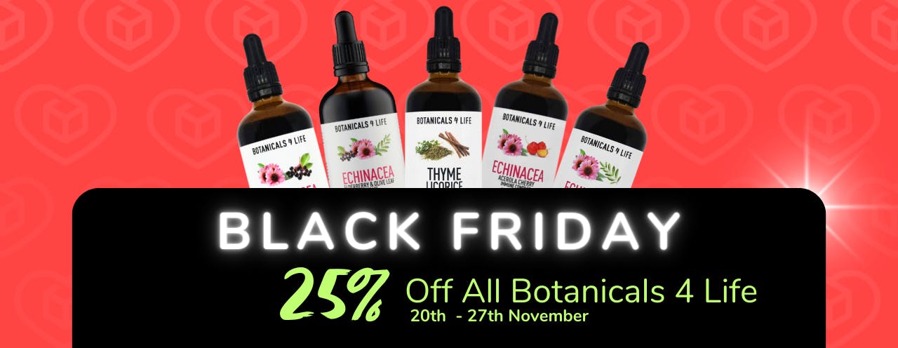 White text on black background saying: 'Black Friday Sale, up to 20% off Botanicals4Life at medino.com'