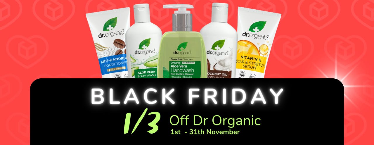 White text on black background saying: 'Black Friday Sale, up to 1/3 off Dr Organic at medino.com'