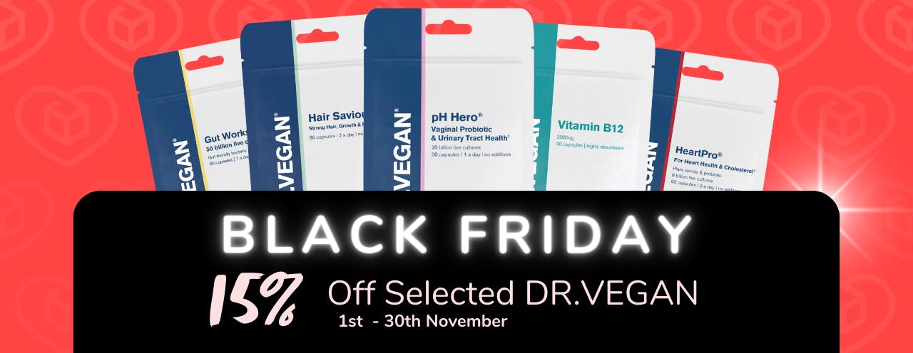 White text on black background saying: 'Black Friday Sale, up to 15% off Dr.Vegan at medino.com'