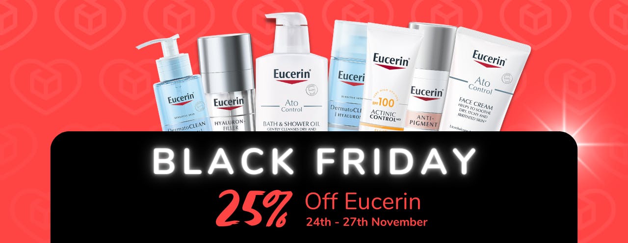White text on black background saying: 'Black Friday Sale, up to 25% off Eucerin at medino.com'
