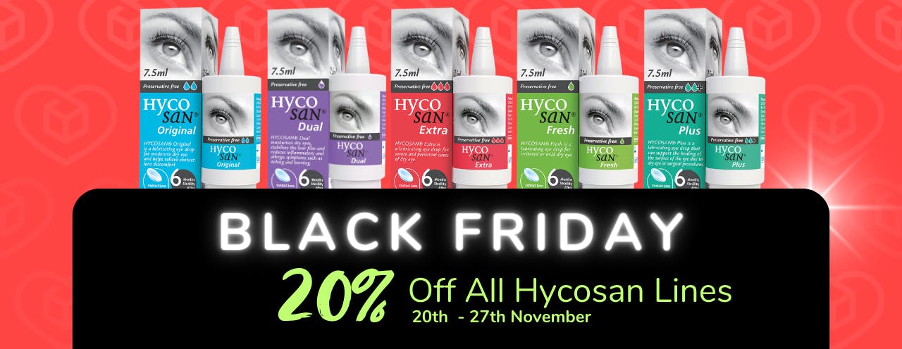 White text on black background saying: 'Black Friday Sale, up to 20% off Hycosan at medino.com'