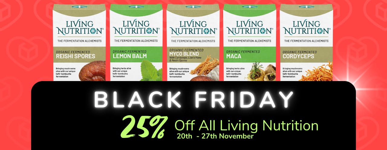 White text on black background saying: 'Black Friday Sale, up to 20% off Living-Nutrition at medino.com'