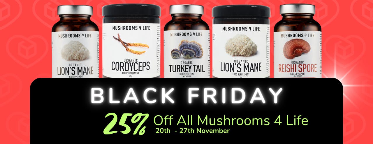 White text on black background saying: 'Black Friday Sale, up to 20% off mushrooms-4-life at medino.com'