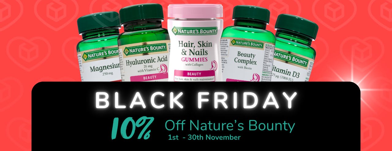 White text on black background saying: 'Black Friday Sale, up to 10% off Nature's Bounty at medino.com'