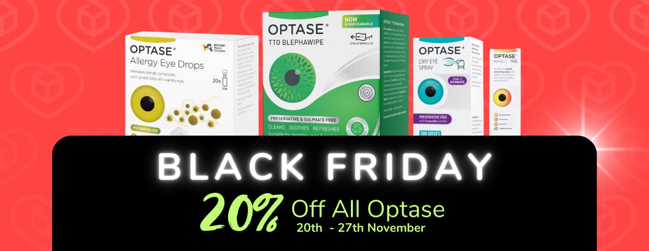 White text on black background saying: 'Black Friday Sale, up to 20% off Optase at medino.com'