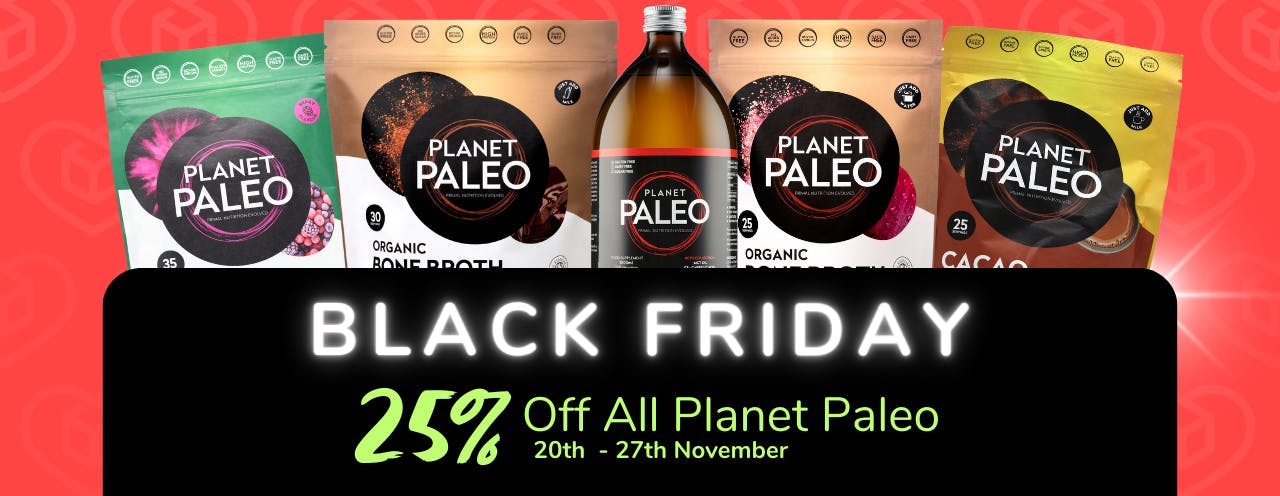 White text on black background saying: 'Black Friday Sale, up to 20% off Planet Paleo at medino.com'