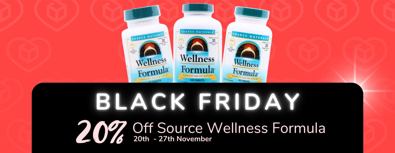 White text on black background saying: 'Black Friday Sale, up to 20% off Source Wellness Formula at medino.com'