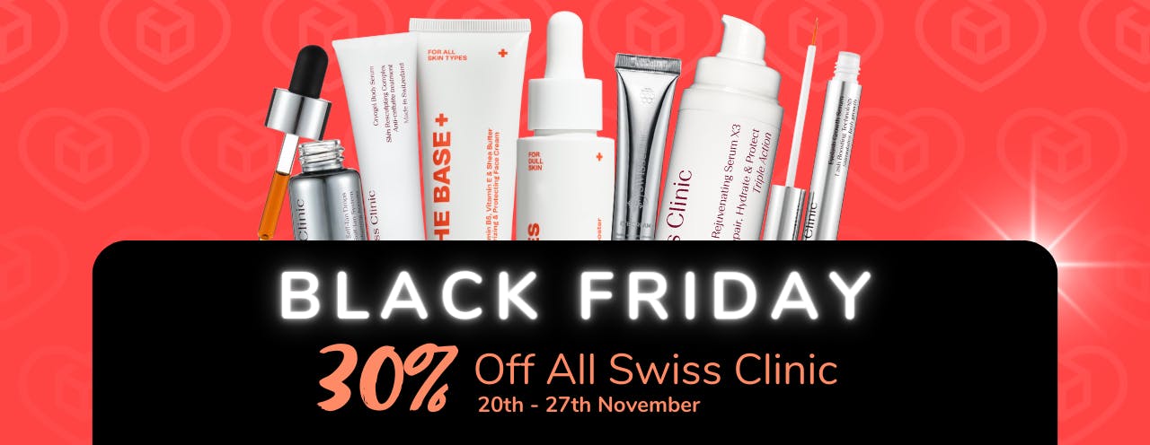 White text on black background saying: 'Black Friday Sale, up to 30% off Swiss Clinic at medino.com'