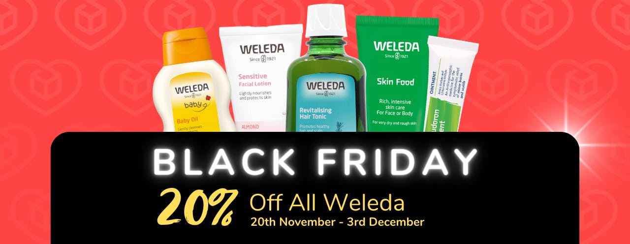 White text on black background saying: 'Black Friday Sale, up to 20% off Weleda at medino.com'
