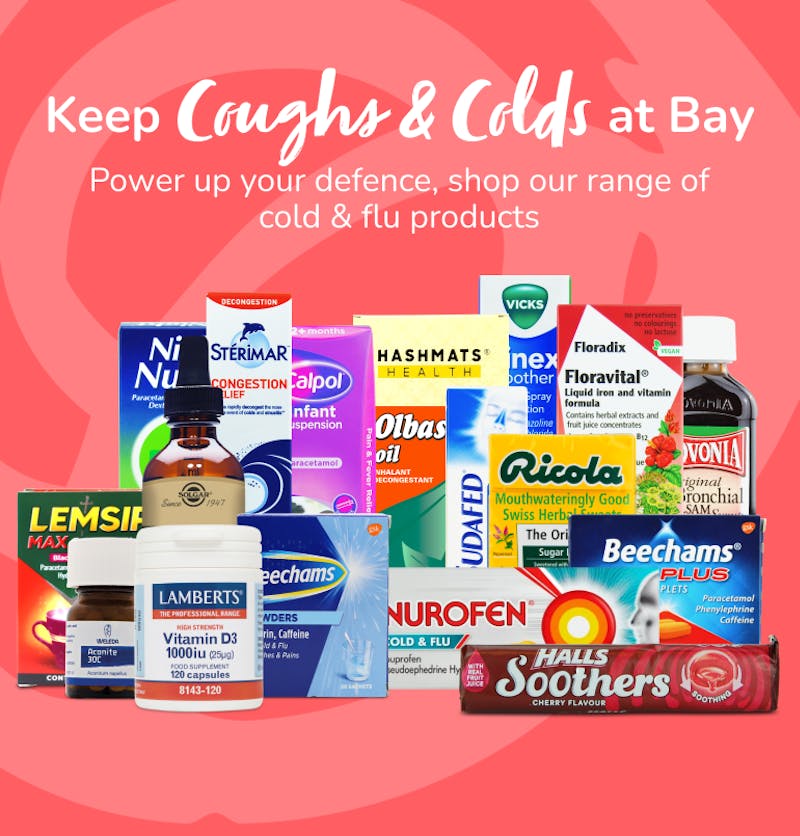 Image showing multiple cold and flu medicine products, in-front of red and white background.