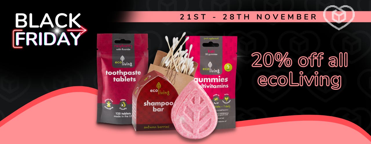 ecoLiving organic cotton buds, toothpaste tablets, shampoo bar and gummy multivitamins on a black background