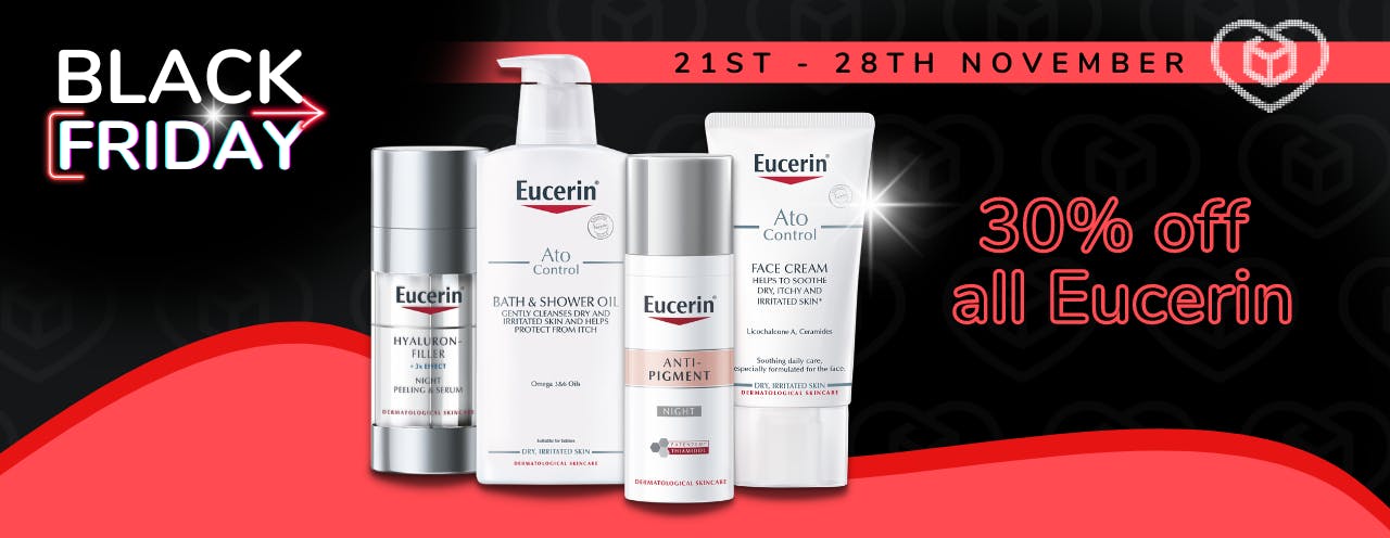 Eucerin bath and shower oil, hyaluron-filler serum, face cream and night cream on a black background