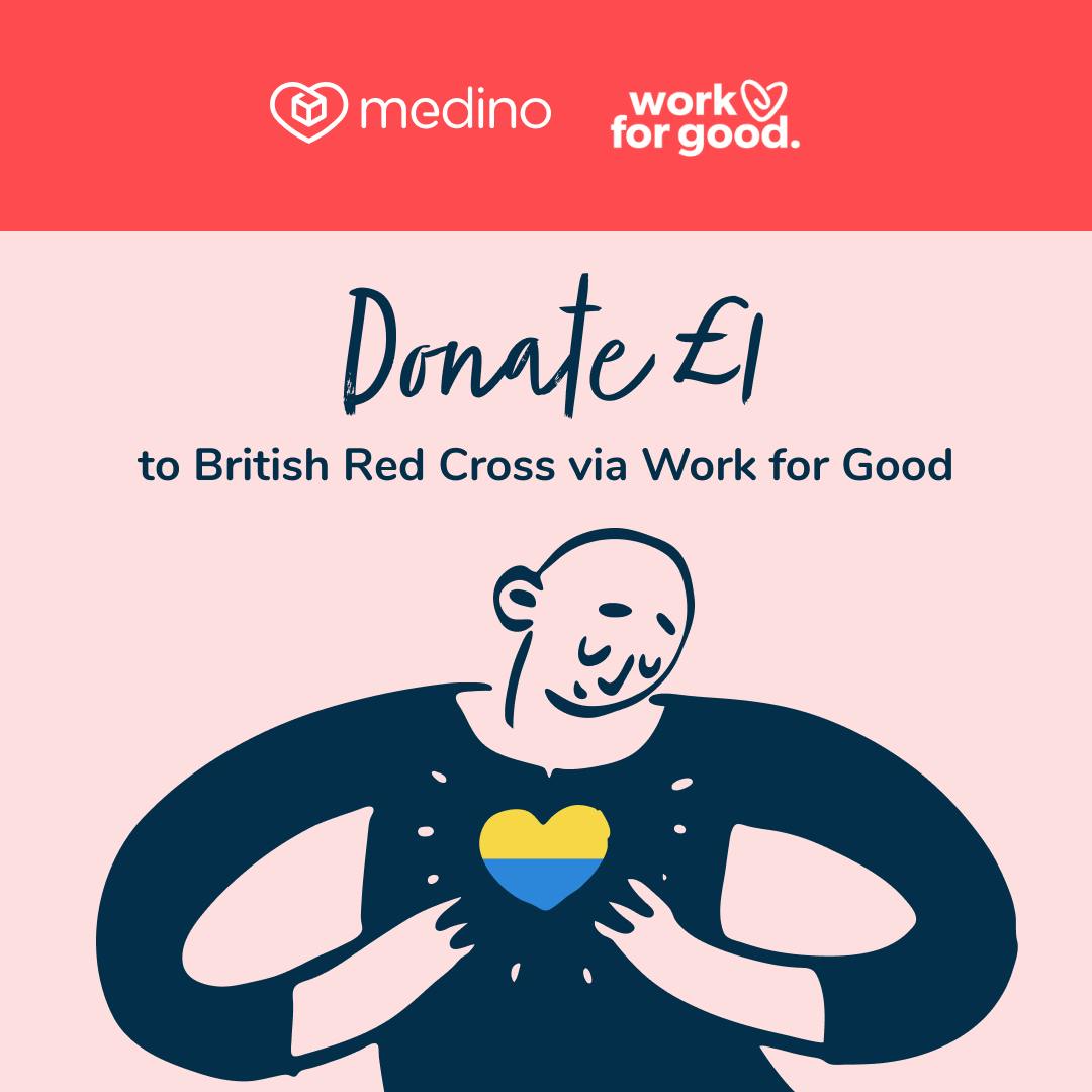 Illustration of man holding heart with Ukrainian colours, with text saying: donate £1 to British Red Cross via Work For Good
