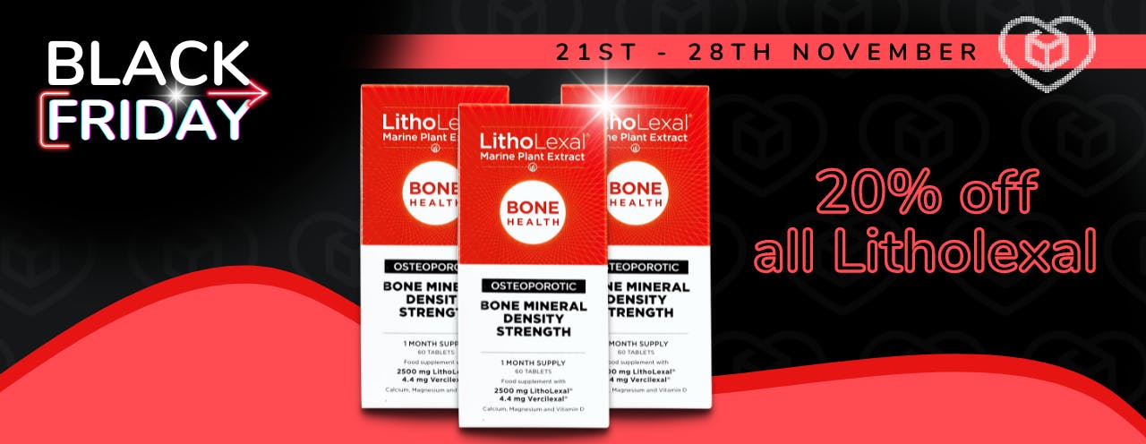 Three LithoLexal marine plant extract supplements for bone health on a black background