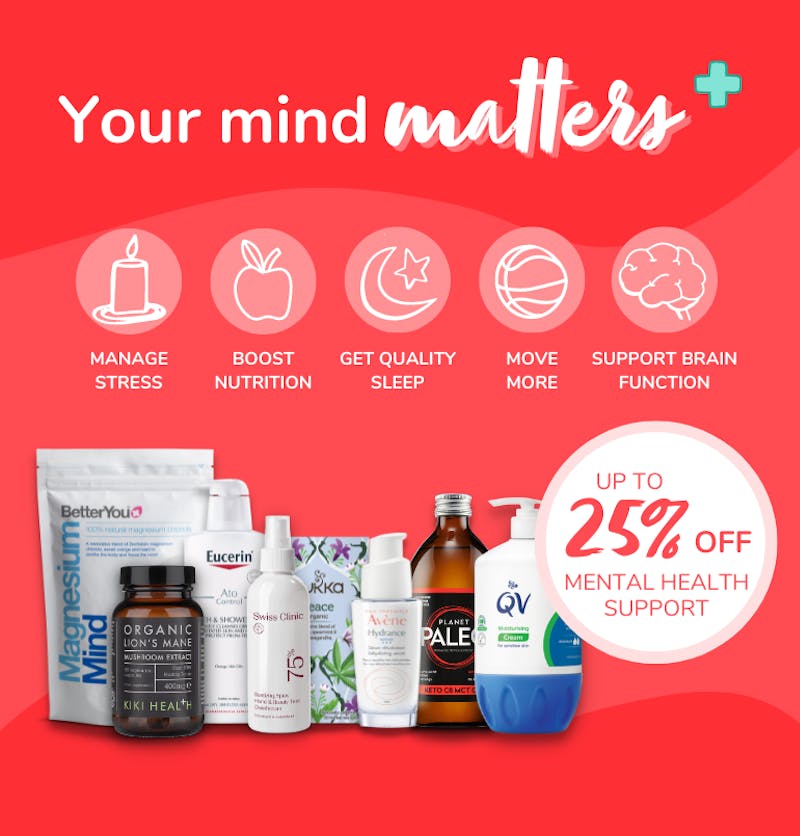 Selection of products from QV, Planet Paleo, BetterYou and Eucerin supporting mental health awareness week for medino online pharmacy campaign