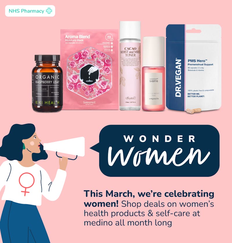 Woman holding megaphone in front of a range of supplements and skincare on offer at medino from Kiki Health, Benton, Sioris, Jumiso and Dr. Vegan.