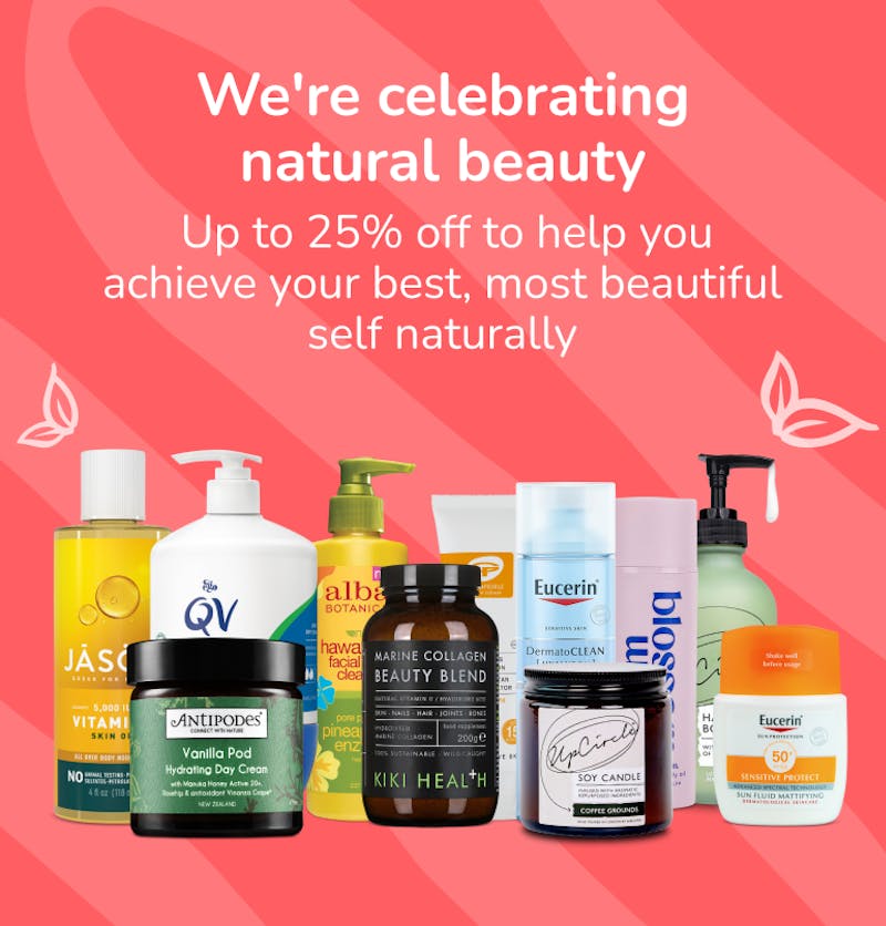 Selection of products from QV, Eucerin, Upcircle, Alba and Jason for the natural beauty month at medino online pharmacy
