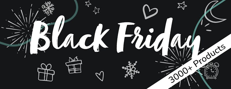 Text saying Black Friday, on a black background with icons representing both november, discounts and pharmacy products.