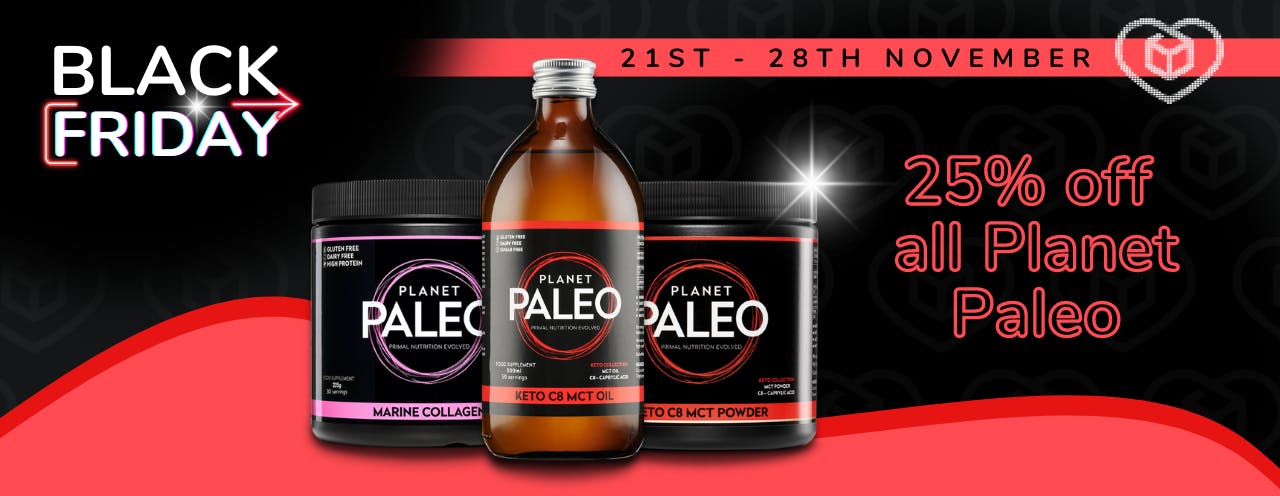 Planet Paleo collagen power and MCT oil on a black background