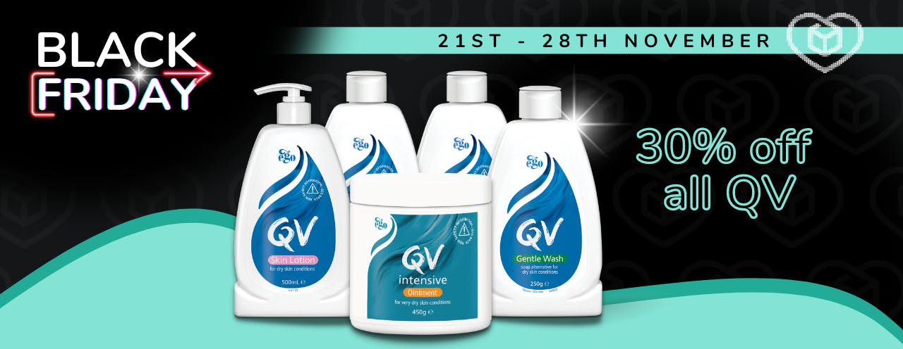 QV ointment, skin lotion and cleansers for dry skin conditions on a black background