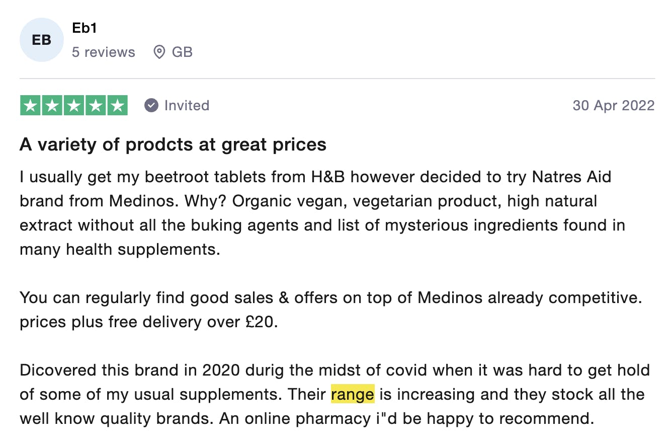 Image of 5 star review from customer Eb1, with positive text including: 'Their range is increasing and they stock all well-known quality brands. And online pharmacy I'd be happy to recommend'