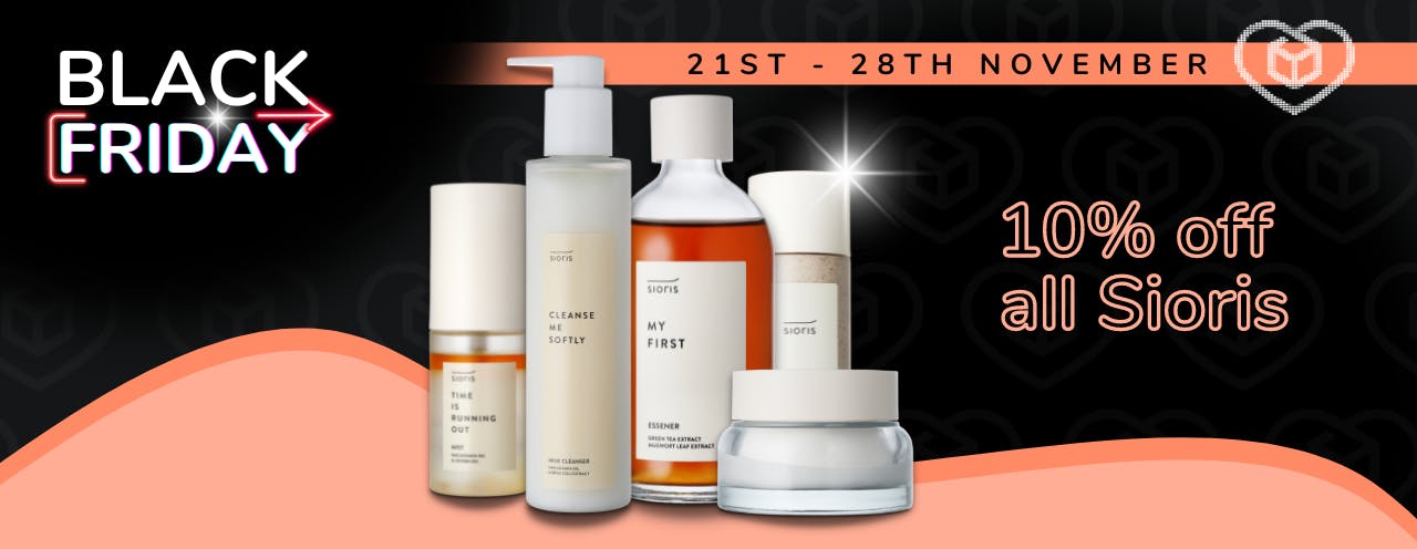Five SIORIS Korean skincare products on a black background