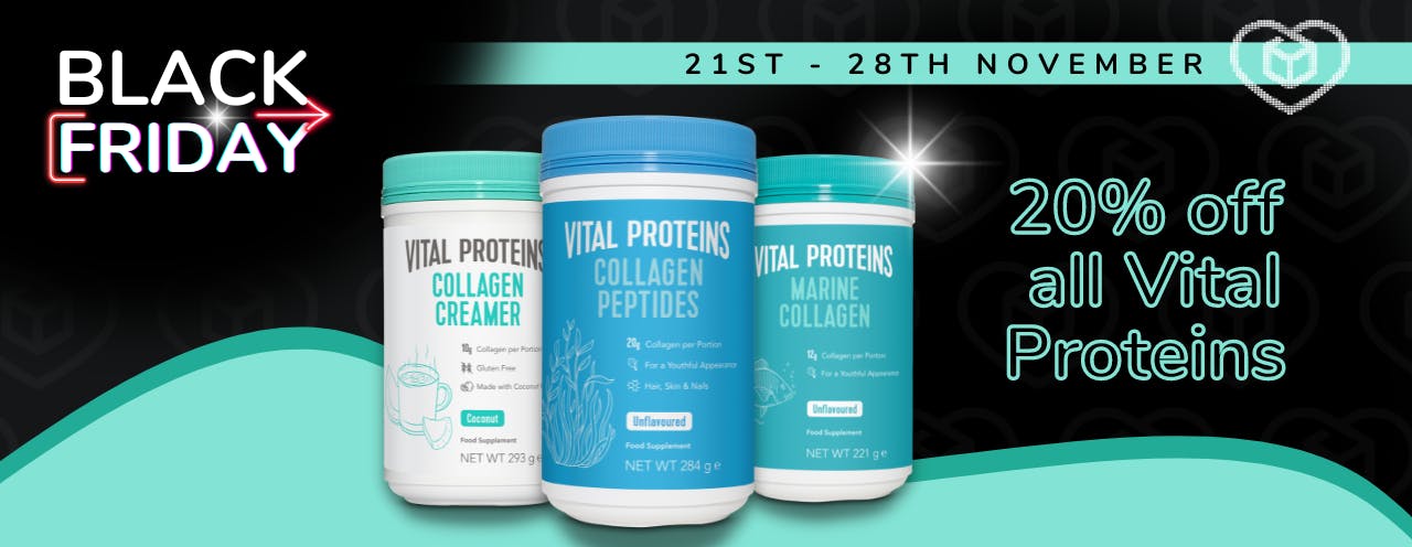 Three Vital Protein collagen powder supplements on a black background