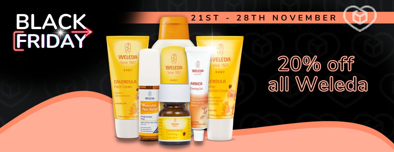 Weleda calendula and muscular relief products on a black background