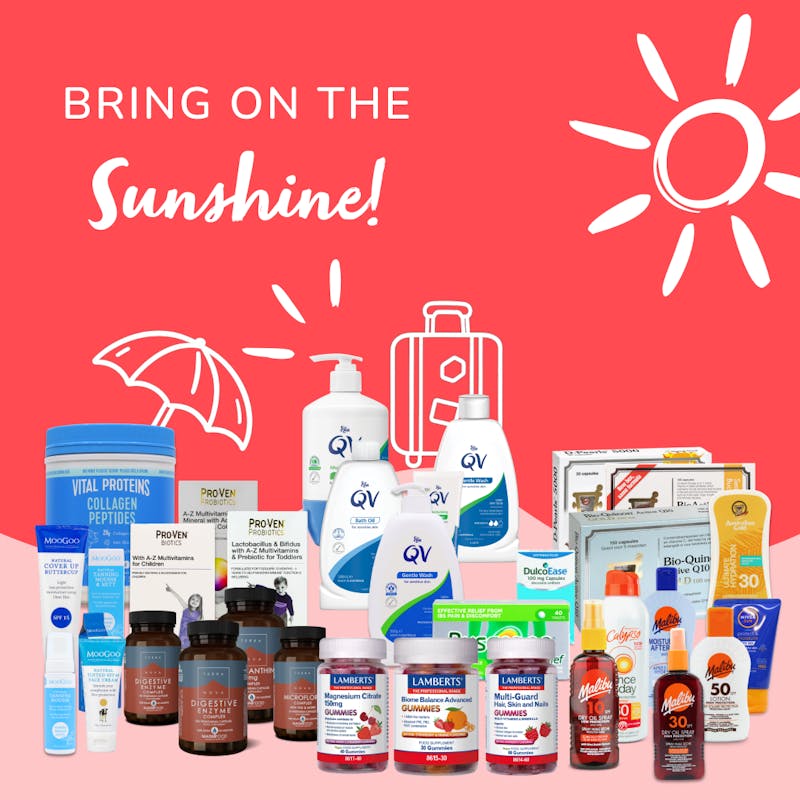 Text saying bring on the sunshine over a range of health and beauty products