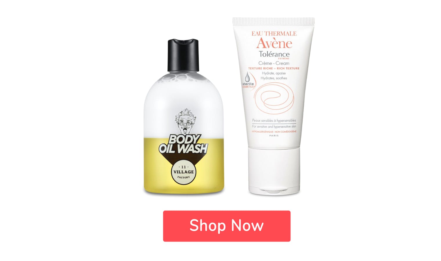 avene moisturiser and 11 village body wash with a button saying ‘shop now’