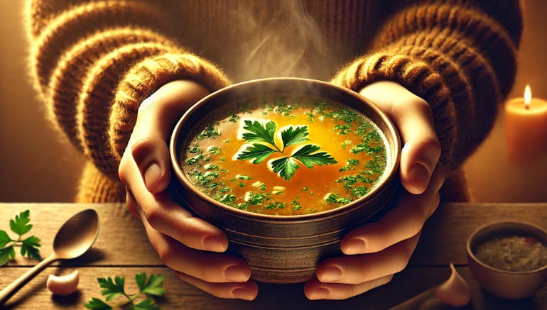 A bowl of hot soup held by a pair of hands