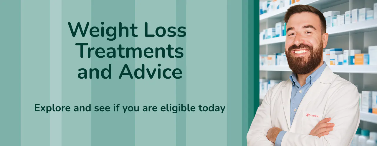 Text saying Weight loss treatments and advice available, on a light background.