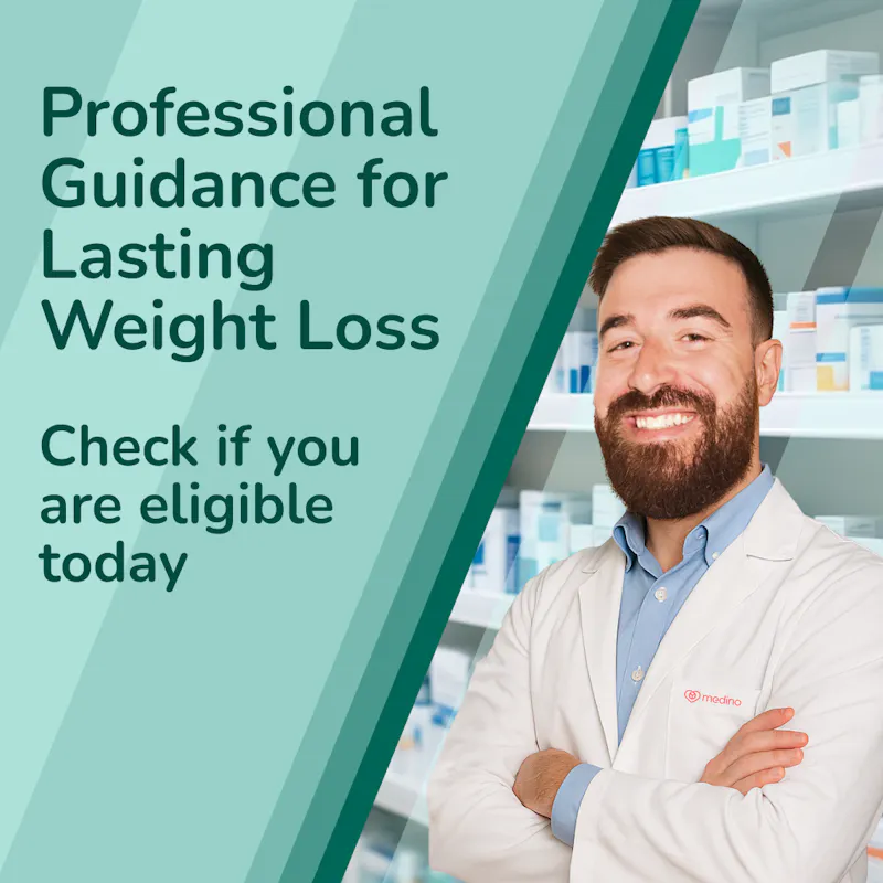 Text saying Weight loss treatments and advice available, on a light green background with an image of a medino pharmacist.