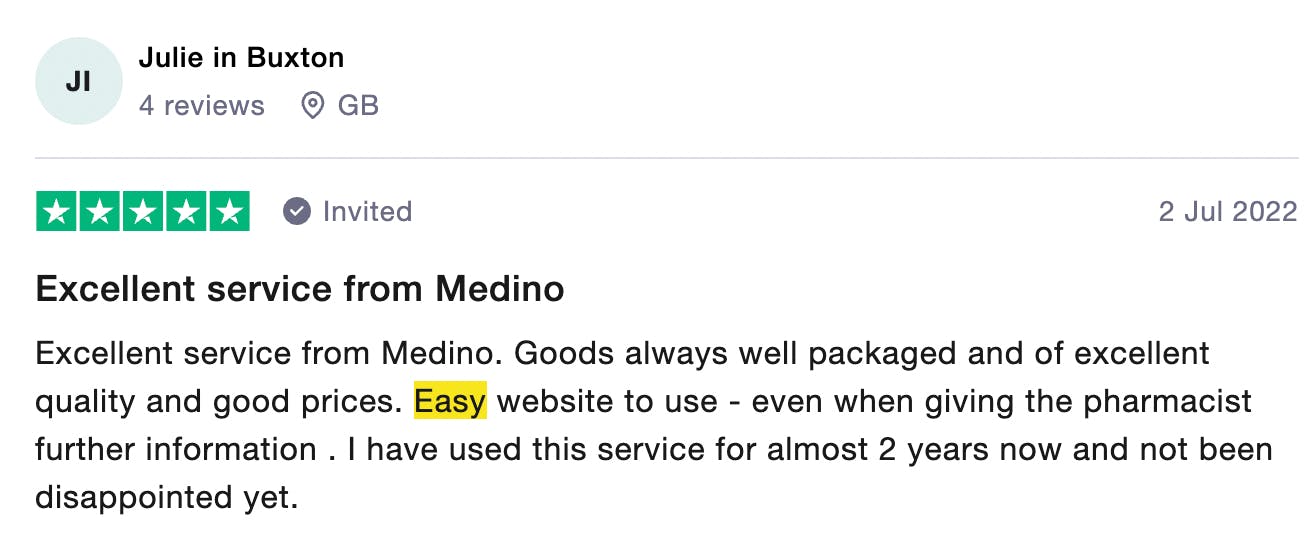 Image of 5 star review from customer Julie, with positive text including: 'Easy website to use even when giving the pharmacist more information. I've used this service for almost 2 years now and not been disappointed yet'