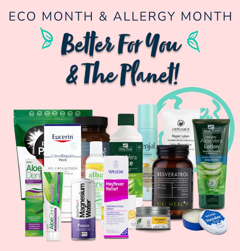 A selection of products and text to the left saying Eco month & allergy month.