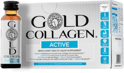 A bottle of Gold collagen active in front of a box of many bottles of the same product