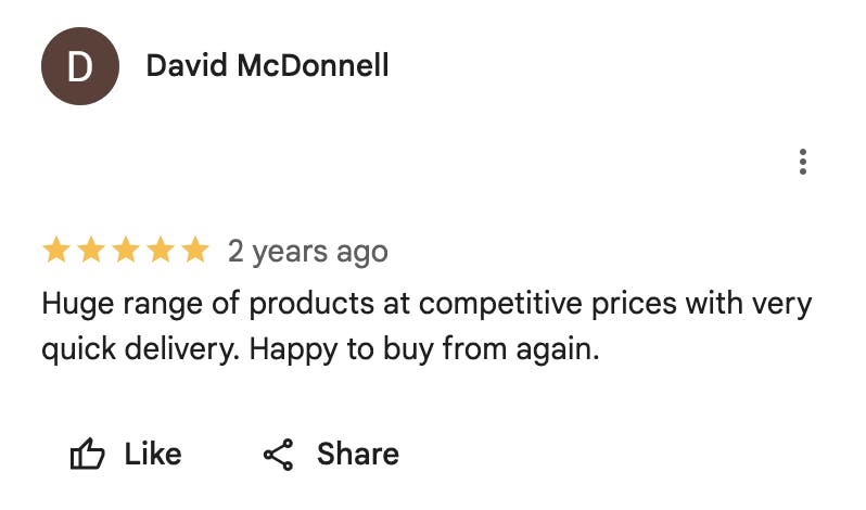 Image of 5 star review for medino on Google, from customer David McDonnel, with text saying: 'Huge range of products at competitive prices with very quick delivery. Happy to buy from again.'
